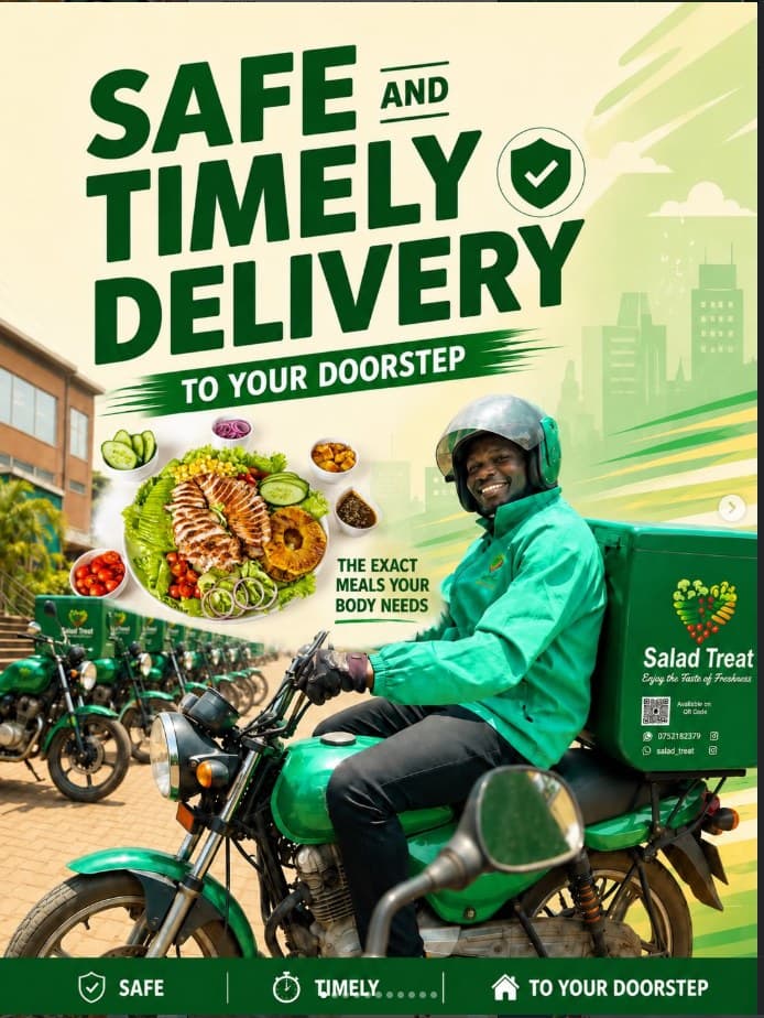 A Salad Treat delivery rider ready to head out with a fresh order in Kampala